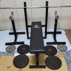 バーベルシャフト、プレート合計 45キロ、カラーのセット　ベンチ...