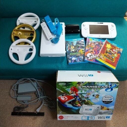 wii u 本体セット【ソフト３本、ハンドル、追加リモコン付、マリオカート入】