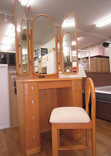 R209 三面鏡ドレッサー、椅子セット、ライト欠品、幅73cm 良品