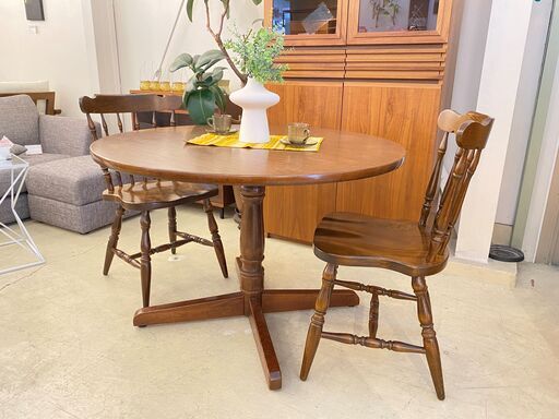 宇都宮でオシャレな家具を探すなら『オトワリバース！』飛騨産業 キツツキ ダイニングテーブルセット 3点セット 丸テーブル ブラウン 中古品