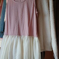 新品 LL アンサンブル 白セーター、シフォン生地使いワンピース