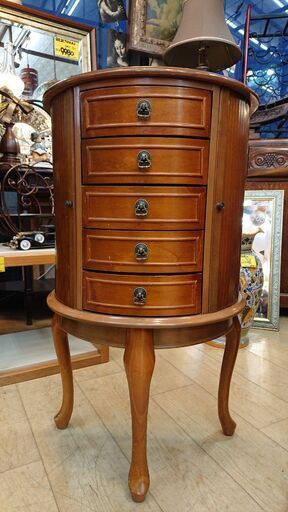 アンティーク家具 コンソールチェスト コンソールテーブル 半円 引出し5段 左右スライド収納扉 3本脚 猫脚 ネコ脚■幅48cm×奥行28cm×高さ80.5㎝■近隣配送無料 買取帝国 朝霞店