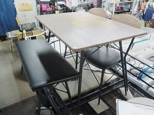 ダイニング４点セット　テーブル＋チェア☓２＋ベンチチェア　アイアン脚　食卓セット　食卓テーブル