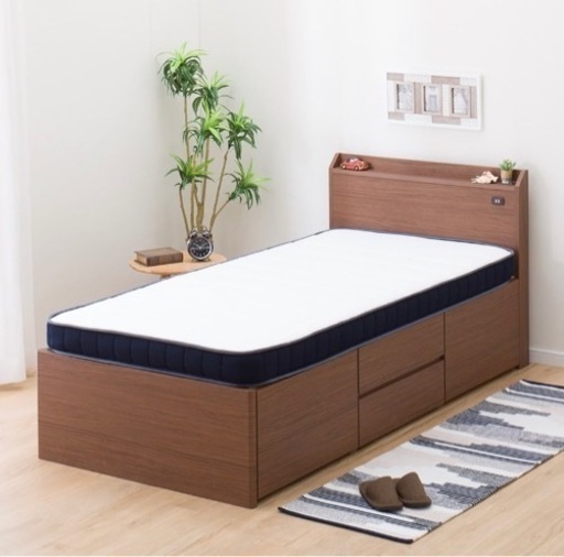 【2/6 15時　受付終了/残り1台です＾＾】シングルベッドフレーム　ダークブラウンニトリ たっぷり収納付き