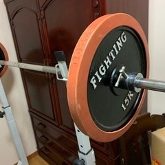 バーベル180プレート15キロ✖️2枚スクワットラック5キロ✖️4枚、シャフト2セットの画像