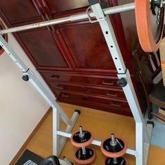 バーベル180プレート15キロ✖️2枚スクワットラック5キロ✖️4枚、シャフト2セットの画像