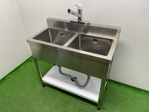 美品　業務用　ステンレス　２槽シンク流し台　蛇口付き　店舗　飲食店　W９００ｘＤ４５０ｘＨ８００ｍｍ