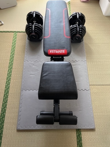 可変式ダンベル40キロ×2、トレーニングベンチ、マット