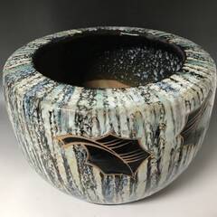⭕⭕⭕KYS1/67 火鉢 金魚鉢 水鉢 特シ印 直径39cm 睡蓮鉢 めだか鉢 葉 陶器 陶磁器 囲炉裏 古民具 茶道具 煎茶道具 インテリア 昭和 レトロ 民芸⭕⭕⭕の画像