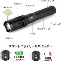 [超クールな充放電の懐中電灯] 世界で最も先進的なアメリカのハイパワーCREE XHP50 LED光源を採用しています。クアッドコアウィックは、通常のLED光源の4倍の明るさです。 使用時間は100,000時間で、高ライトモードは3500ルーメン、内蔵式USB充放電デザイン、 USB充電および放電設計により、停電や屋外での旅行する時に、携帯電話またはその他の電子機器を緊急充電できます。屋外/キャンプ、登山、夜釣り、防災、停電、地震対策などの必要品です。の画像
