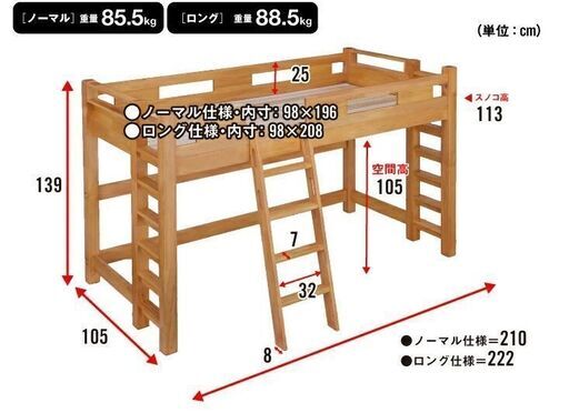 【美品】耐荷重700kg　G★SOLID ロフトベッド H140cm 長さ196cm ノーマル仕様 梯子有 ライトブラウン 新品650