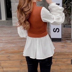 新品未使用　AMOUR BOX　ボリュームスリーブニットドッキングブラウス　ブラウンの画像