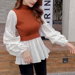 新品未使用　AMOUR BOX　ボリュームスリーブニットドッキングブラウス　ブラウンの画像