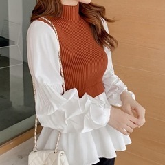 新品未使用　AMOUR BOX　ボリュームスリーブニットドッキングブラウス　ブラウンの画像