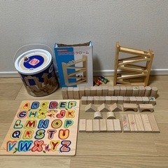 木のおもちゃ4点(積み木、コロコロスラローム、パズル、さかなつり...