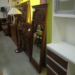 姿見 カガミ 鏡 木製ミラー 大型ミラー 木枠ミラー 彫 レリーフ 【モノ市場半田店】の画像