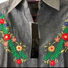 【新品】花柄刺繍　デニムシャツ　チュニック レトロガール
