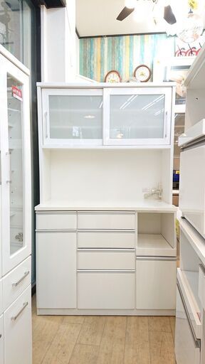 ニトリ/NITORI キッチンボード KRISNA スライド扉 ホワイト 鏡面 レンジボード 食器棚■横幅120cm×奥行50cm×高さ201cm■近隣配送無料 買取帝国 朝霞店