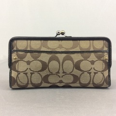 COACH コーチ レザー×シグネチャー ターンロック 3つ折長財布 がまぐちの画像