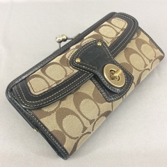 COACH コーチ レザー×シグネチャー ターンロック 3つ折長財布 がまぐちの画像