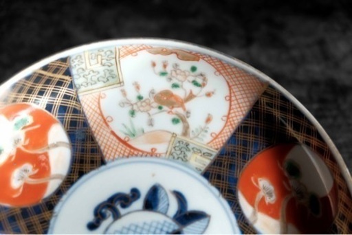 見込みに柘榴◆草花と鳥と松。古伊万里　錦手金彩中皿5客　骨董品　antiques