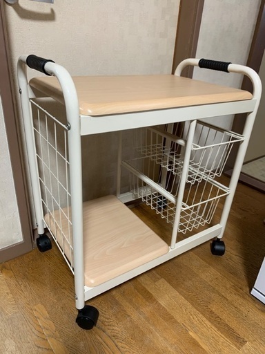 美品　キッチンワゴン　スチールラック　木製棚　キャスター付き