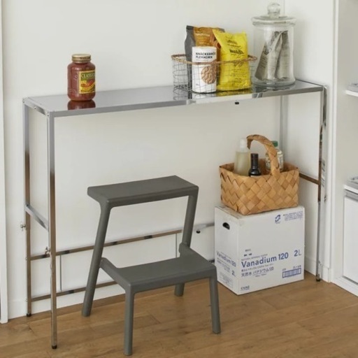 【売約済み】家具 収納 キッチン収納 食器棚 キッチン隙間収納 幅と高さが伸縮できるステンレス作業台 幅76〜120cm 奥行30cm ディノス　dinos ステンレス　棚　台　カウンター　テーブル　作業台　キッチン　
