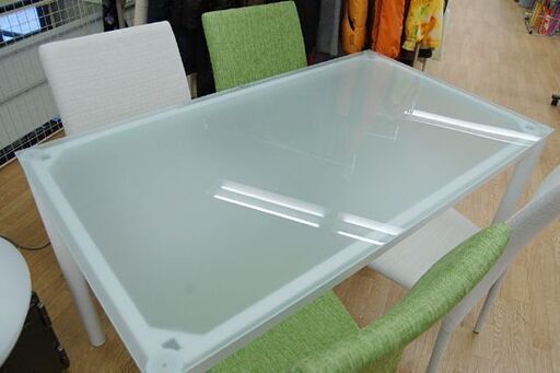  4人掛けダイニングセット 幅120×奥70×高72.5cm ガラス天板 イス 布張り グリーン ホワイト  札幌市 清田区 平岡