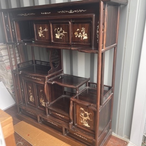 時代家具 唐木 茶箪笥 花鳥図 螺鈿細工 茶棚 飾り棚 違い棚