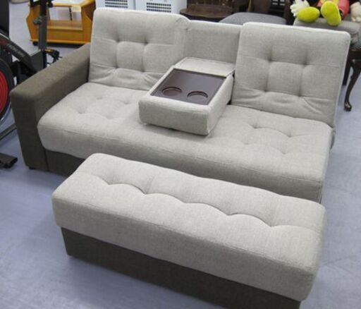 格安！ ソファベッド 2人掛けソファ オットマン ドリンクホルダー 引き出し収納付き アーム左右対応可能 布製 ベージュ系 シングルベッド 札幌市 手稲区
