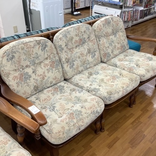 飛騨産業 3人掛けソファー 花柄×ライトブラウン 布 キツツキ