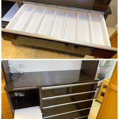 キッチンボード 幅120cm ソフトクローズ引出 ダークブラウン 木目 鏡面