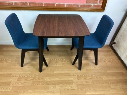 ダイニングテーブルセット　2人掛け　コンパクト　ブラウン 青 掃除済み