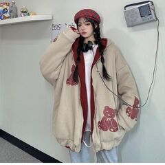新品B119男女兼用リバーシブルベアプリントボアーフリースフードパーカージャケットの画像