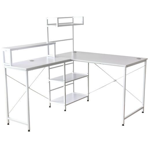 Bパソコンデスク【セス／ホワイト色】デスク 机 L字デスク オフィスデスク 2枚天板 L字型 収納 ラック付き 勉強机 学習机 ゲーミング テレワーク 訳あり B品 アウトレット品 要組立 ※定価13,990円