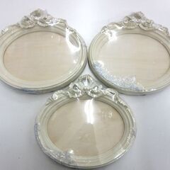 未使用品 アンティーク調 オーバル 写真立て リボンモチーフ 木製 大きめサイズ 幅：約27.5cm パール クリーム 3個セット 札幌市 厚別区の画像