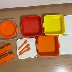 サンコープラスチック 弁当箱 ピクニックケース リオパック 3段 取り皿3枚付き  オレンジ　アウトドア　の画像