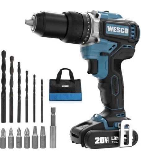 20V充電式ブラシレスドリルドライバー、電動ドリルセット、21+1+1段階トルク調節、最大トルク:60N.m、2段階回転スピード、正逆転切替、LEDライト、付属品１４個付、収納袋付き