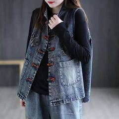 新品A136男女兼用デニムベストチョッキメンズレディスベストトッ...