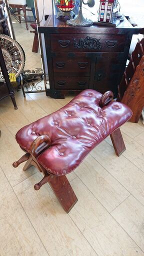 アンティーク 象嵌細工 ラクダスツール 革張り 木製★幅75cm×奥行40cm×高さ42㎝■近隣配送無料 買取帝国 朝霞店