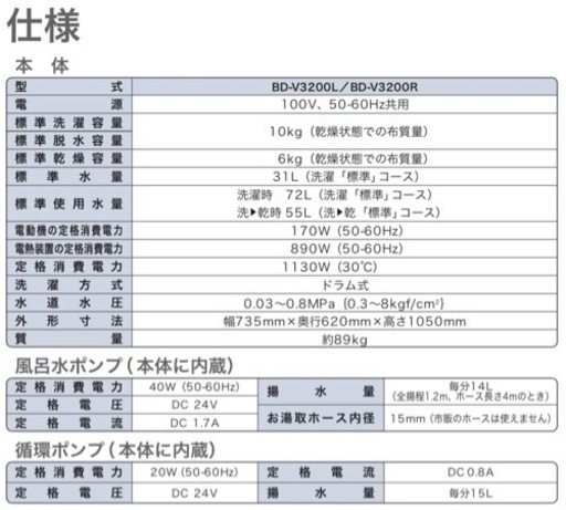 全自動洗濯乾燥機【HITACHI】BD-V3200(パールホワイト)