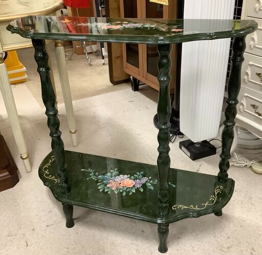 【値下げしました】アンティーク調コンソール ボタニカル グリーン 輸入家具【ユーズドユーズ名古屋天白店】 J1588