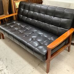 2人掛けソファ レザーソファ ブラック ウッドフレーム【ユーズドユーズ