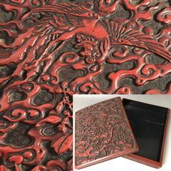 FG2/48　堆朱 花鳥堆朱長方形箱 長方形 精密彫刻 漆器 雷...