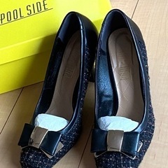 美品!! プールサイド 24㎝　リボンツイードパンプス  リボンパンプスの画像