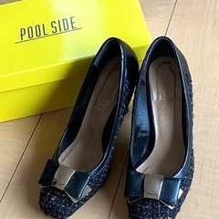 美品!! プールサイド 24㎝　リボンツイードパンプス  リボンパンプスの画像