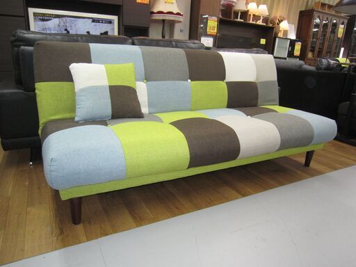 R227 おしゃれ 布製ソファベッド、クッション付、幅180cm 美品