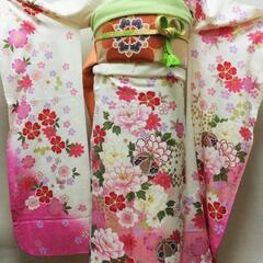 人気 正絹振り袖 白地ピンク L　USED美品