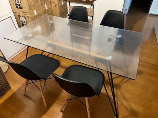 150×80cm ダイニングテーブルセット　5点　ガラス　テーブルマット付き