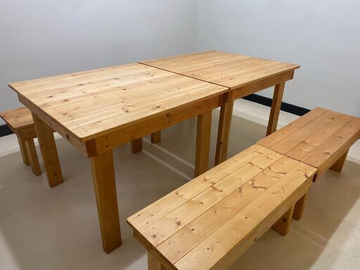 [カフェなどにいかがでしょうか？]ハンドメイド　カフェテーブル2点ベンチ4脚セット　ナチュラル